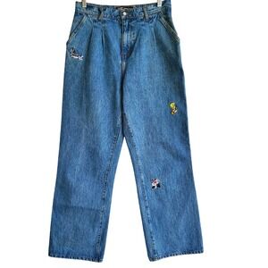 Vintage Warner Bros Looney Tunes Embroidered Baggy Pleated Denim Jeans Sz 29 Jr